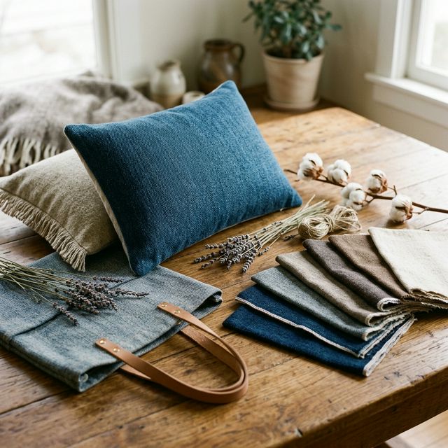 IndiWool Naturals – Natural wool denim cushion covers, tote bag and fabric swatches